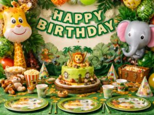 Kit anniversaire animaux pour enfant avec décoration colorée, ballons et accessoires de fête