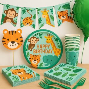 Kit anniversaire jungle pour enfant, décoration tropicale avec animaux sauvages et ballons verts