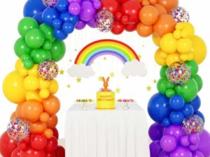 Kit d’anniversaire enfant thème arc-en-ciel avec décoration complète, couleurs vives et accessoires festifs