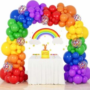 Kit d’anniversaire enfant thème arc-en-ciel avec décoration complète, couleurs vives et accessoires festifs