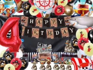 Kit d’anniversaire enfant thème pirate avec décoration complète, bateau, trésor et accessoires